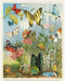 Cavallini & Co. World of Butterflies 1000 Piece Puzzle- finished puzle image showingiIllustration of various butterflies and flowers with a title at the top.