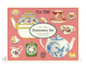 Tea time stationery set packaging with teapots and tea-related items on a pink background