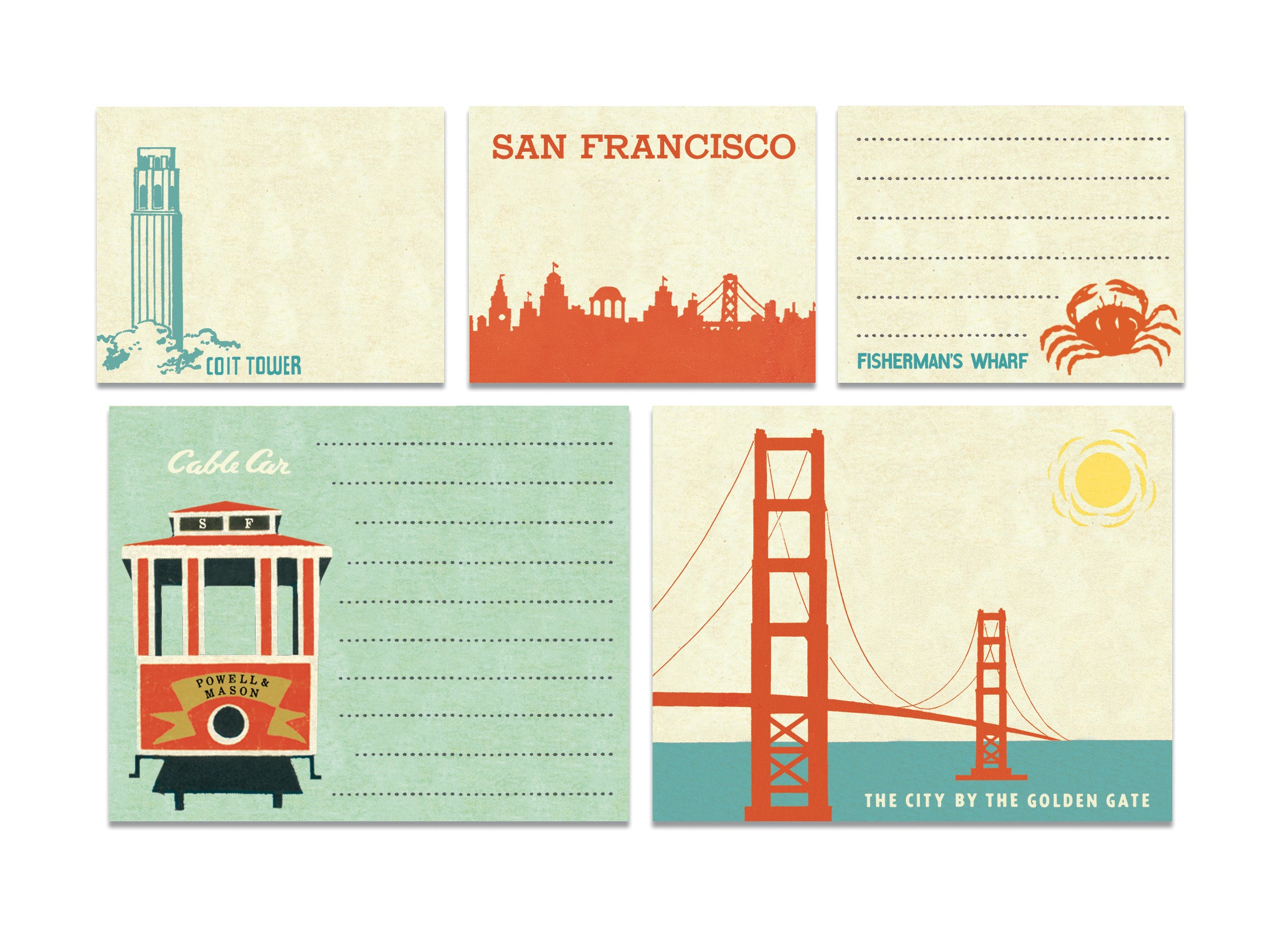 Cavallini & Co. Sticky Notes Tin- San Francisco- image showing 5 different designs of sticky notes. 