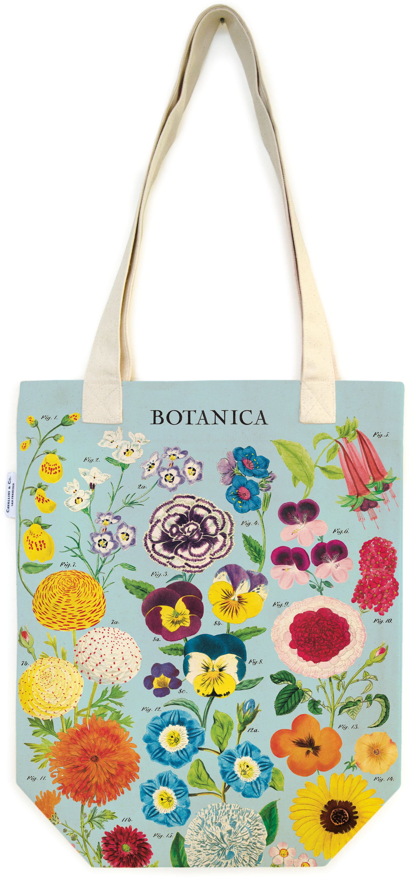 Tote bag with floral design and 'BOTANICA' branding on a light blue background