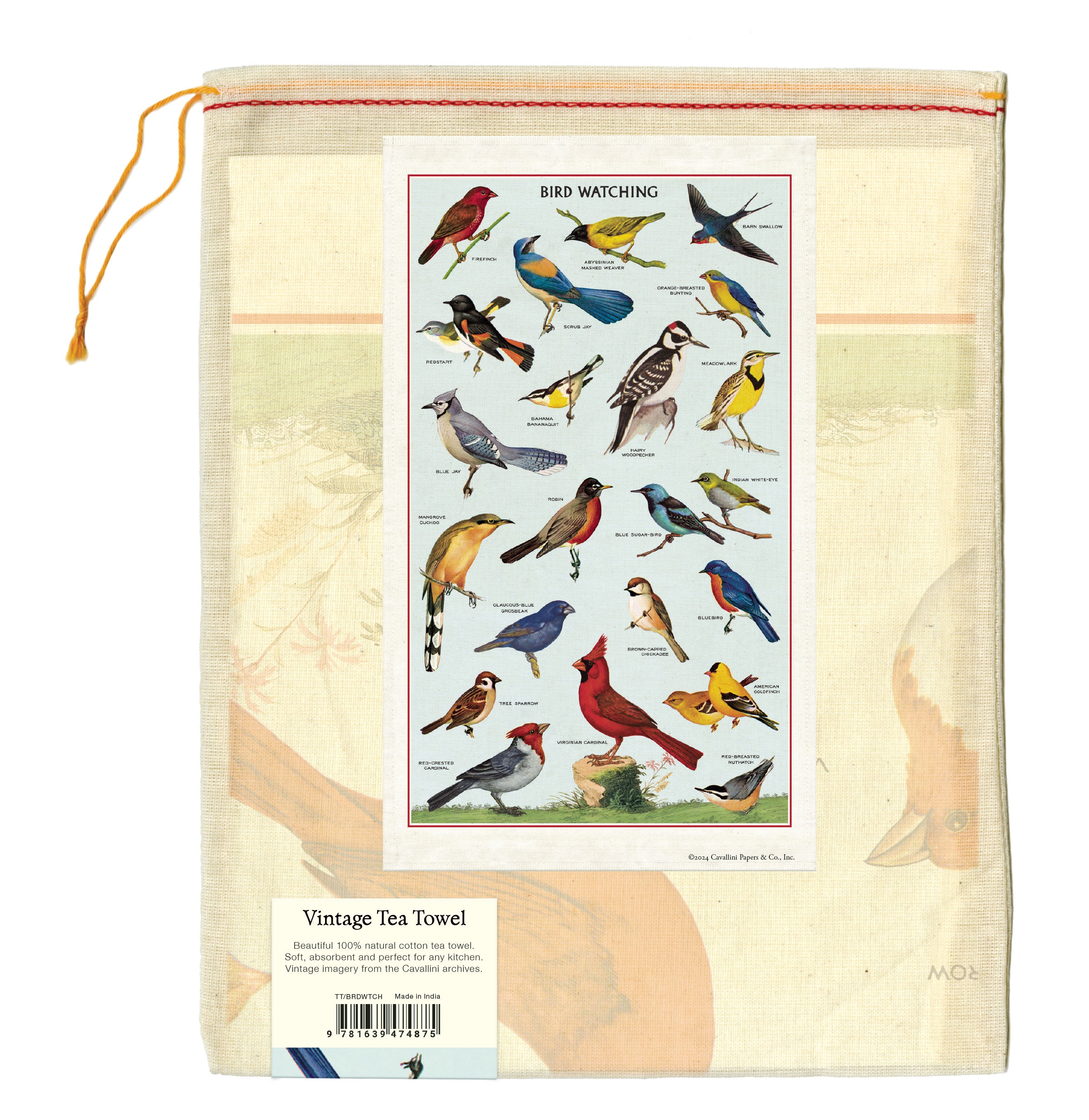 Cavallini & Co. Bird Watching Cotton Tea Towel muslin bag back image