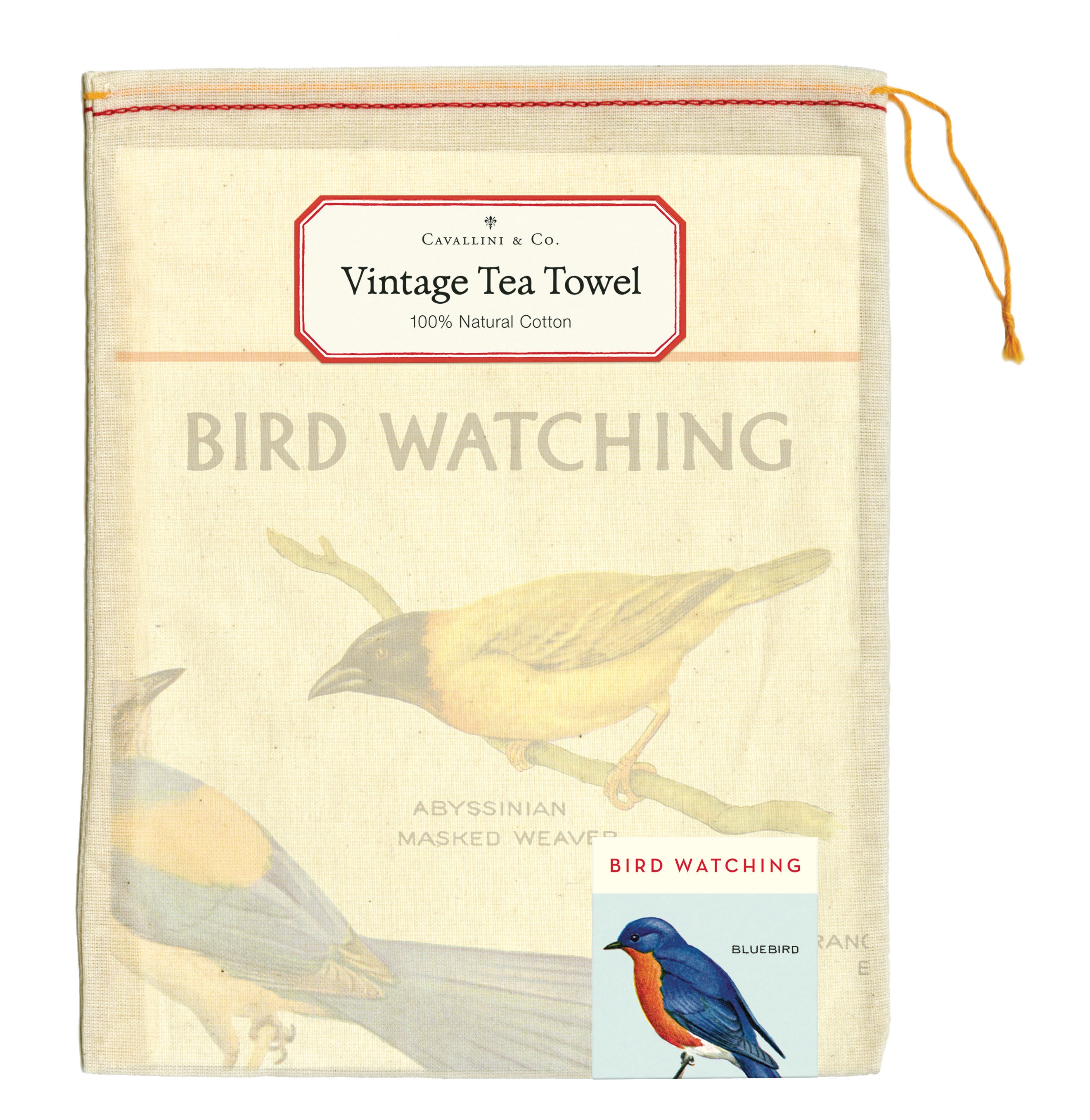 Cavallini & Co. Bird Watching Cotton Tea Towel muslin bag front image