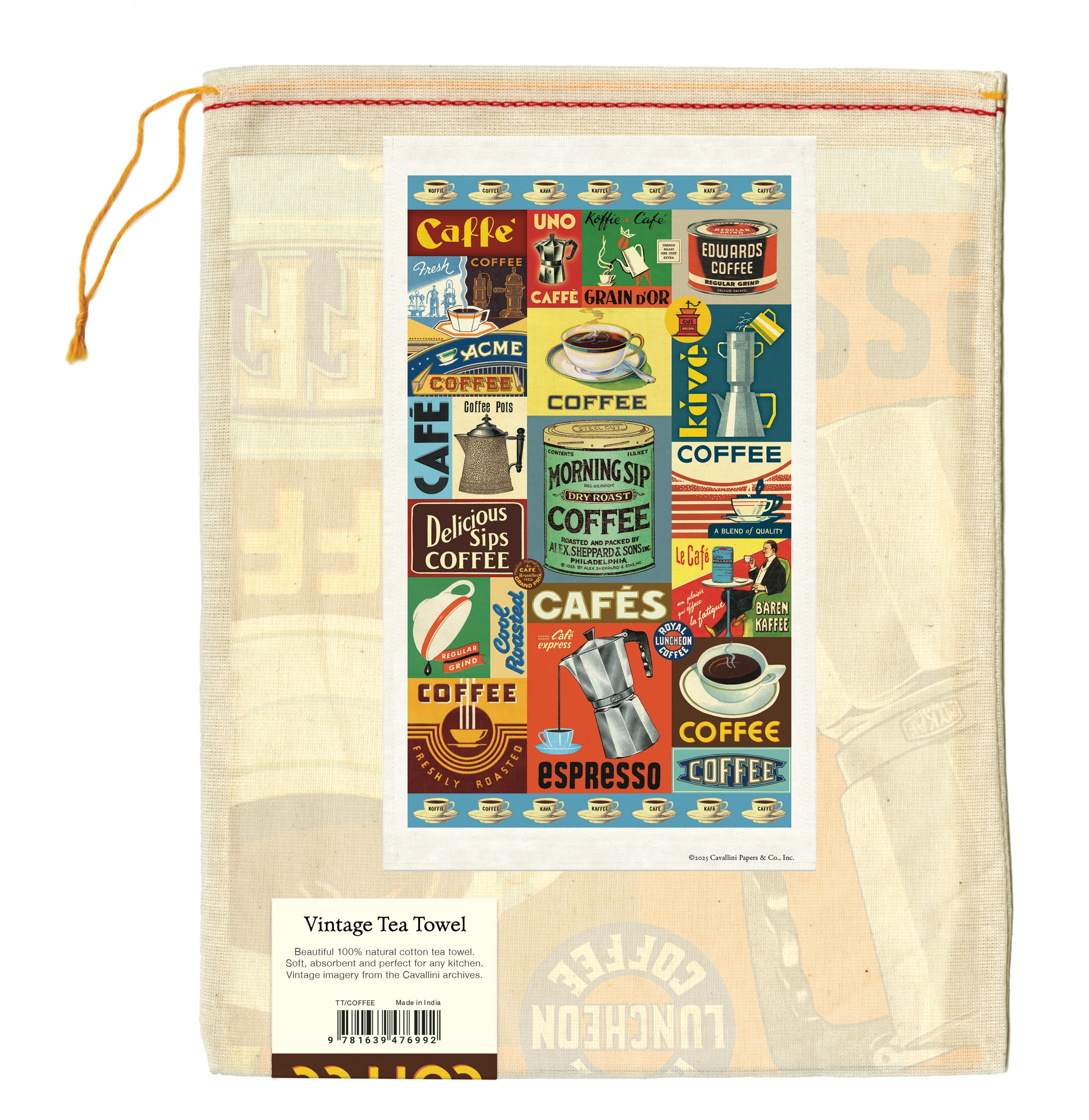 Vintage-themed tea towel with coffee graphics on a white background