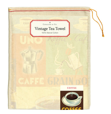 Vintage-themed tea towel with coffee graphics and text in a drawstring bag.
