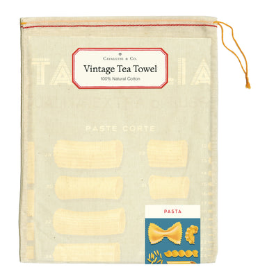 Vintage tea towel with pasta illustrations and Cavallini & Co branding.