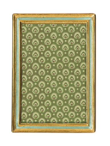 Cavallini & Co. 4 by 6 Inch Urbino Azzurro Florentine Frame- A rectangular picture frame with a distressed gold finish and a light blue-green inner trim.