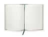 Open notebook with lined pages and a green ribbon on a white background