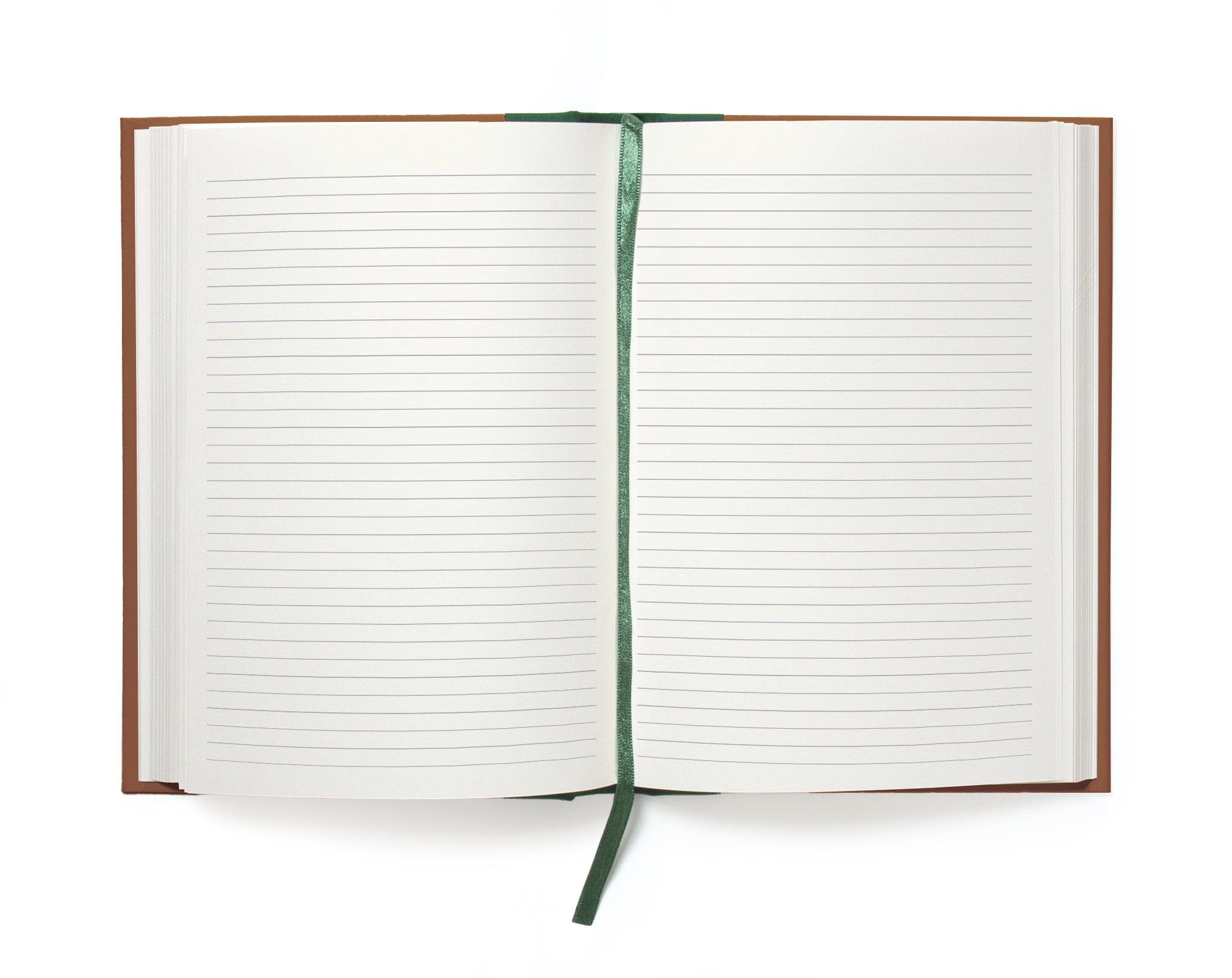 Open notebook with lined pages and a green ribbon on a white background