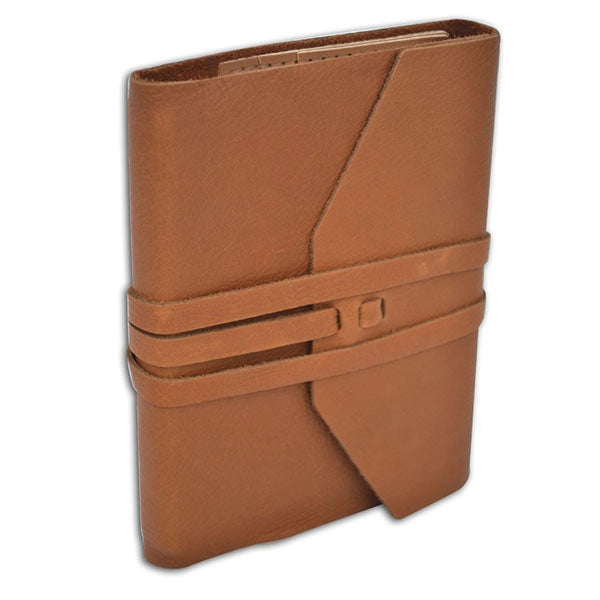 Italian Leather Wrap Journal- 5x7 Inches, Lined Pages- Refillable- image shows brown leather notebook with strap closure on a white background