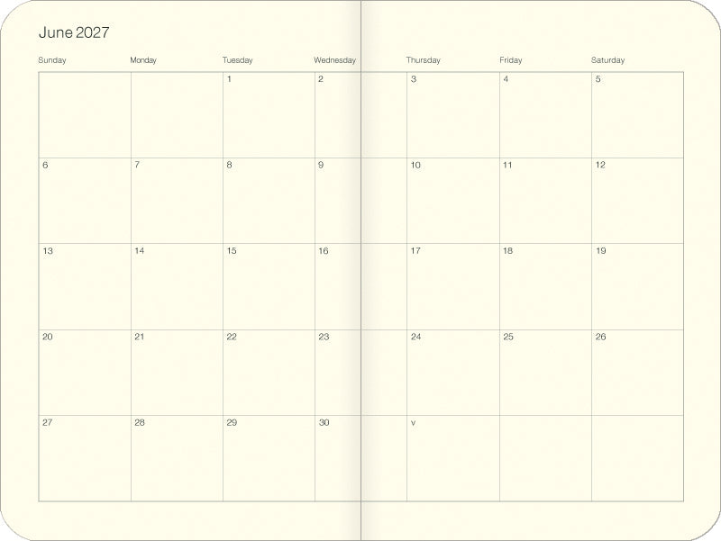 An open monthly calendar spread showing June 2027, with a cream-colored page, black printed day labels, and a double-page layout.