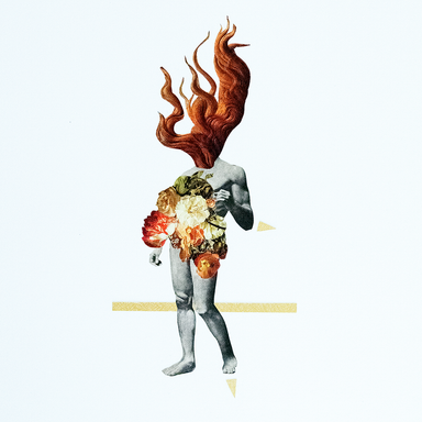 An abstract  collage of a nude figure with flowing reddish-flame like hair and a floral torso, set against a very light gray background with a thin gold horizontal line and small gold corner accents.