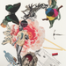 A collage-style artwork on a white background featuring a large pink flower, a green butterfly, grayscale human figures, a multicolor circular graphic, architectural line art, and small cutout-like elements arranged together.