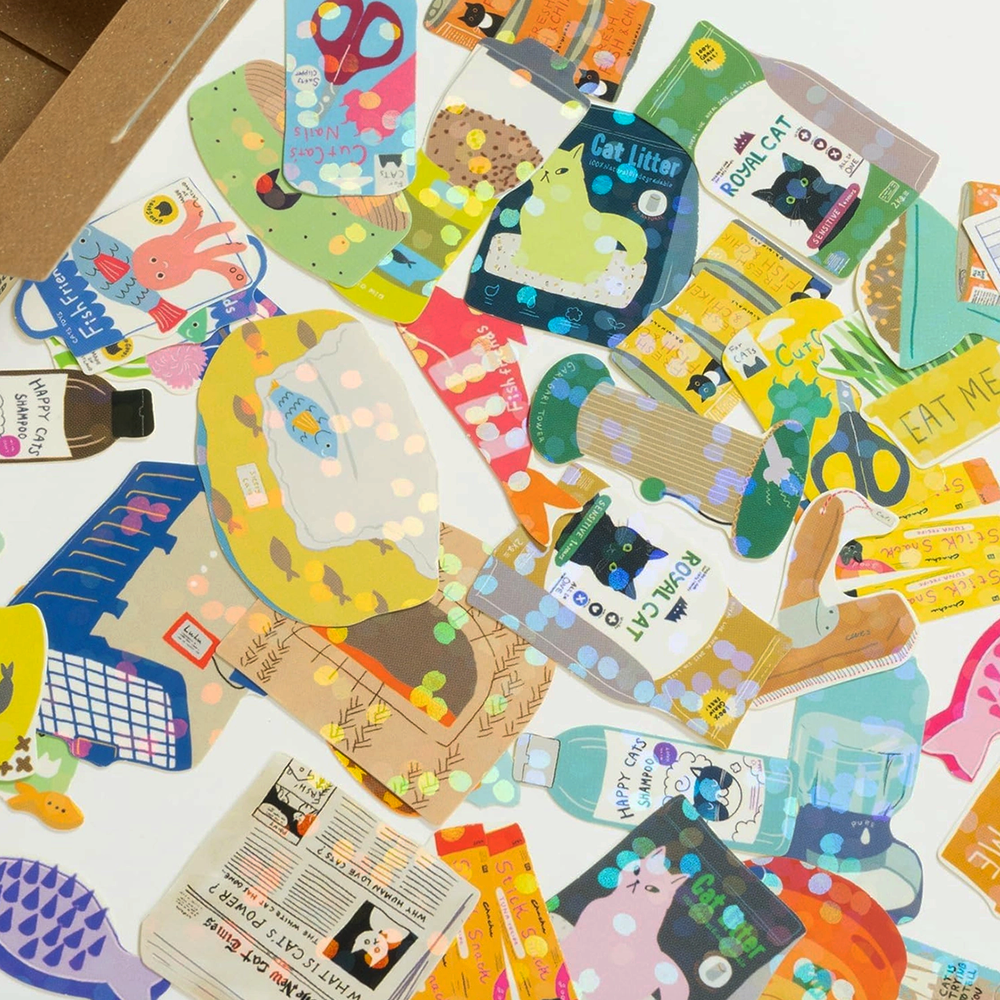 Collection of colorful cat themed stickers on a white background