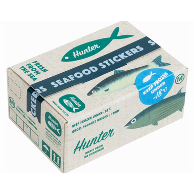 Box of Hunter seafood stickers with fish illustrations on a white background