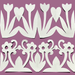 White paper cutout floral and scroll border designs arranged in two rows on a solid mauve-purple background.