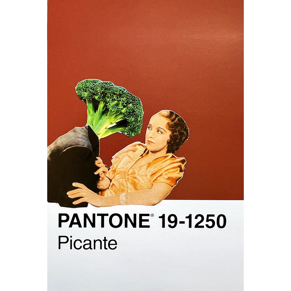 A vintage-style Pantone color card labeled 'PANTONE 19-1250 Picante' on a white background, featuring a warm reddish-brown color field with a retro illustration of a woman and a figure with a broccoli head.