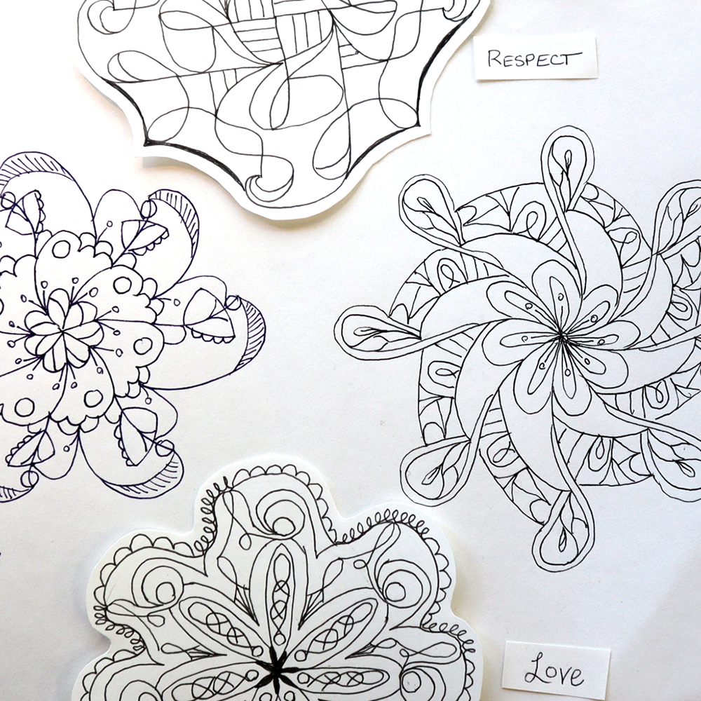 Four die-cut sticker designs featuring black and white Zentangle-style floral mandala patterns, arranged on a white background with small handwritten labels reading Respect, Love, Patience, and Focus.