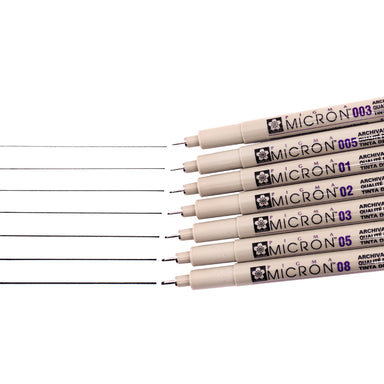 Set includes 6 black pens, one each in .005, .01, .02, .03, .05, and .08 nib sizes. 