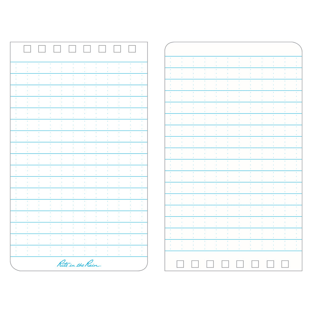 This top-spiral notebook has 50 sheets (100 pages) printed with the "universal pattern", blue ink on white paper- 1/4 inch rules with a faint 1/4 inch grid. 