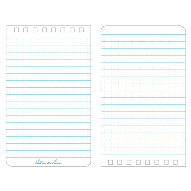 This top-spiral notebook has 50 sheets (100 pages) printed with the "universal pattern", blue ink on white paper- 1/4 inch rules with a faint 1/4 inch grid. 