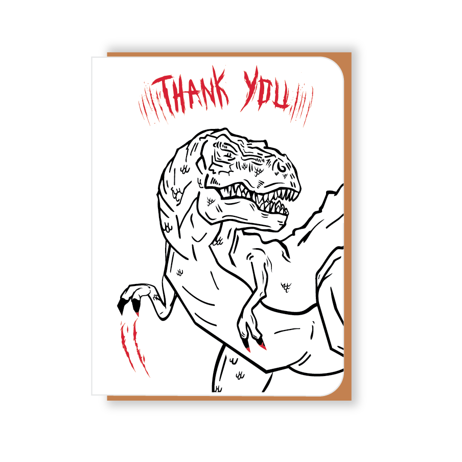 Two Hands Made- Thank You T-Rex scratches out his greetings on the front of the card.