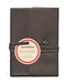 A medium-sized, charcoal-colored leather journal with a leather thong wrap around it, featuring the Cavallini & Co. Journalino label.