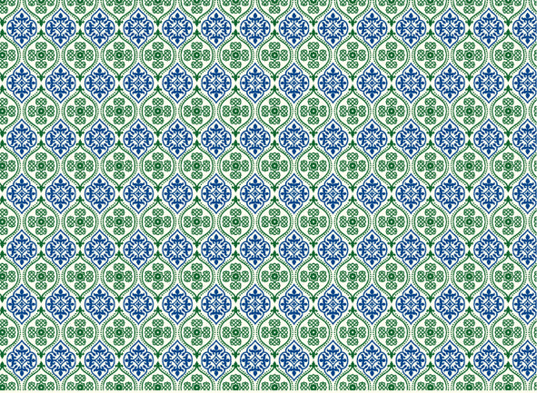 This Rossi 1931 Decorative Letterpress Paper features a repeating pattern of blue and green medallions. 