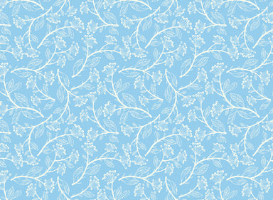 This Rossi 1931 Decorative Letterpress Paper features a repeating pattern of delicate flower and leaf patterns in white on a blue background. 