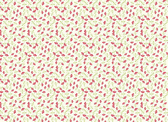 This Rossi 1931 Decorative Letterpress Paper features a repeating pattern of delicate red flowers with contrasting green stems on a natural cream background.