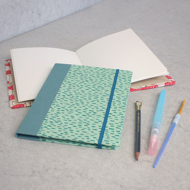 Totebook with Watercolor Paper class samples- one book open, one book closed, with art supplies