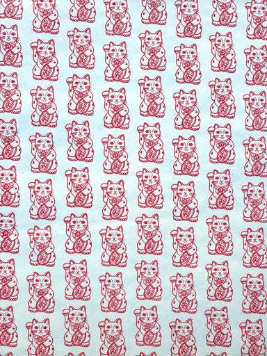 Lucky Cat Lokta Paper- Red on Cream