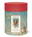 Cavallini's 500 piece puzzles are packaged in a 6.5 inch long cardboard tube, with puzzle pieces safely stored in a muslin bag inside.