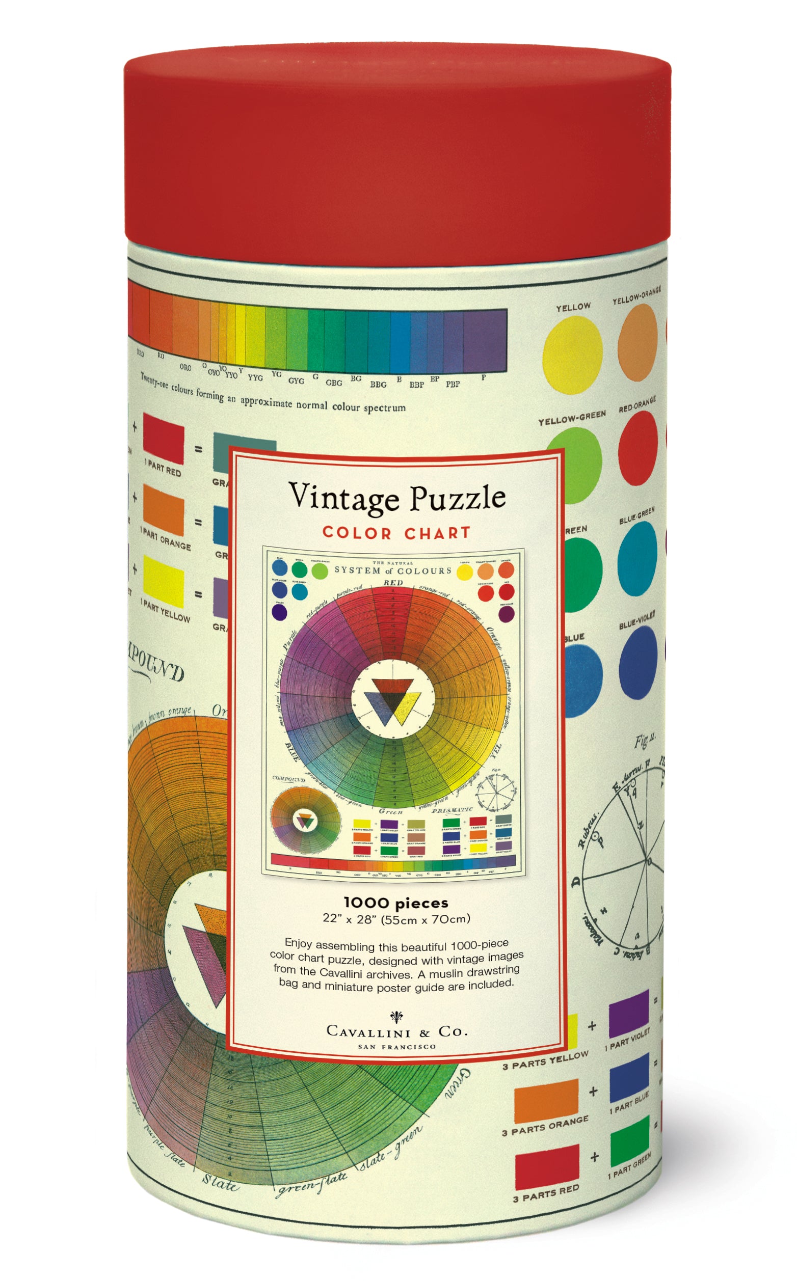 All puzzles are packaged in a 10 inch long cardboard tube, with puzzle pieces safely stored in a muslin bag inside.
