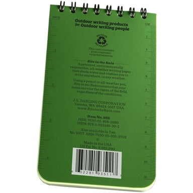 Rite in the Rain Spiral Notebook- Green- 3x5 inches- back cover showing text