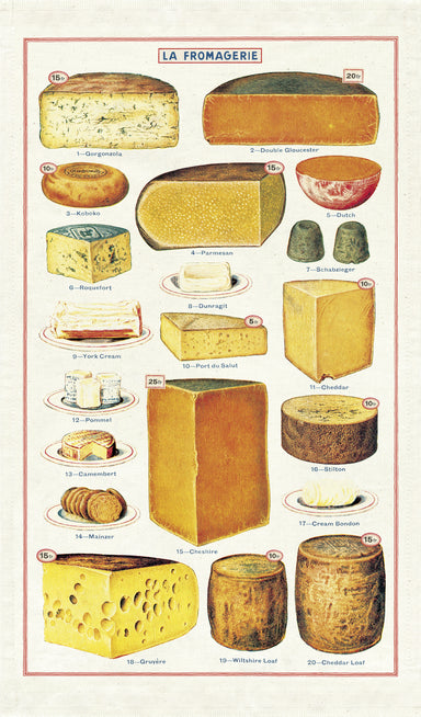 Cavallini & Co. Cheese tea towel- gorgonzola, camembert, cheddar, stilton and parmesan are just some of the cheeses on this towel. 