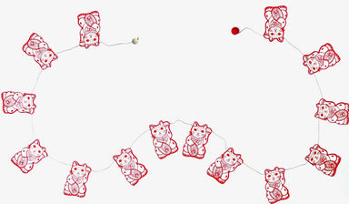Handmade Lokta Paper Garland with Lucky Cat in red on a cream Lokta background.